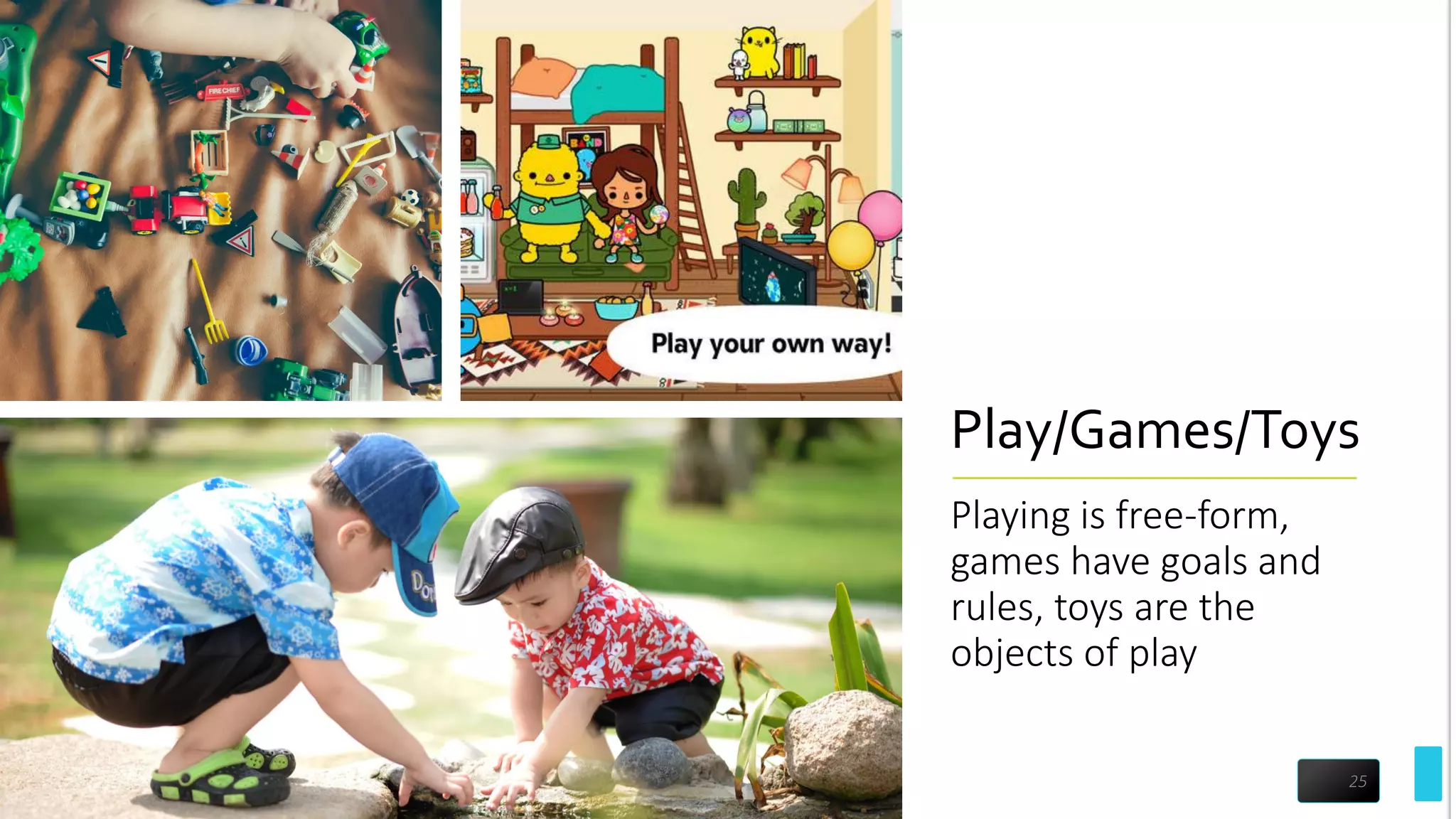 Play/Games/Toys
Playing is free-form,
games have goals and
rules, toys are the
objects of play
25
 