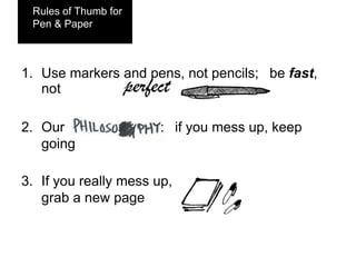 1.  Use markers and pens, not pencils;
be fast, not
2.  Our :
if you mess up, keep going
3.  If you really mess up,
grab a new page
perfect	
  
Rules of Thumb
for Pen & Paper
 