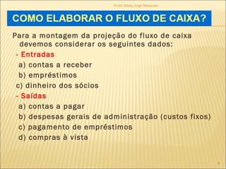 Para a montagem da projeção do fluxo de caixa devemos considerar os seguintes dados:     - Entradas a) contas a receber b) empréstimos c) dinheiro dos sócios  - Saídas a) contas a pagar b) despesas gerais de administração (custos fixos) c) pagamento de empréstimos d) compras à vista  Profa Gisely Jorge Mesquita 