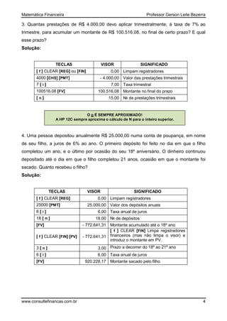 Matemática Financeira Professor Gerson Leite Bezerra
www.consultefinancas.com.br 4
3. Quantas prestações de R$ 4.000,00 devo aplicar trimestralmente, à taxa de 7% ao
trimestre, para acumular um montante de R$ 100.516,08, no final de certo prazo? E qual
esse prazo?
Solução:
TECLAS VISOR SIGNIFICADO
[ f ] CLEAR [REG] ou [FIN] 0,00 Limpam registradores
4000 [CHS] [PMT] - 4.000,00 Valor das prestações trimestrais
7 [ i ] 7,00 Taxa trimestral
100516,08 [FV] 100.516,08 Montante no final do prazo
[ n ] 15,00 № de prestações trimestrais
4. Uma pessoa depositou anualmente R$ 25.000,00 numa conta de poupança, em nome
de seu filho, a juros de 6% ao ano. O primeiro depósito foi feito no dia em que o filho
completou um ano, e o último por ocasião do seu 18º aniversário. O dinheiro continuou
depositado até o dia em que o filho completou 21 anos, ocasião em que o montante foi
sacado. Quanto recebeu o filho?
Solução:
TECLAS VISOR SIGNIFICADO
[ f ] CLEAR [REG] 0,00 Limpam registradores
25000 [PMT] 25.000,00 Valor dos depósitos anuais
6 [ i ] 6,00 Taxa anual de juros
18 [ n ] 18,00 № de depósitos
[FV] - 772.641,31 Montante acumulado até o 18º ano
[ f ] CLEAR [FIN] [PV] - 772.641,31
[ f ] CLEAR [FIN] Limpa registradores
financeiros (mas não limpa o visor) e
introduz o montante em PV.
3 [ n ] 3,00 Prazo a decorrer do 18º ao 21º ano
6 [ i ] 6,00 Taxa anual de juros
[FV] 920.228,17 Montante sacado pelo filho
O n É SEMPRE APROXIMADO!
A HP 12C sempre aproxima o cálculo de N para o inteiro superior.
 