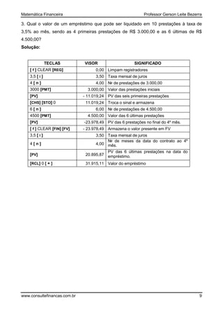 Matemática Financeira Professor Gerson Leite Bezerra
www.consultefinancas.com.br 9
3. Qual o valor de um empréstimo que pode ser liquidado em 10 prestações à taxa de
3,5% ao mês, sendo as 4 primeiras prestações de R$ 3.000,00 e as 6 últimas de R$
4.500,00?
Solução:
TECLAS VISOR SIGNIFICADO
[ f ] CLEAR [REG] 0,00 Limpam registradores
3,5 [ i ] 3,50 Taxa mensal de juros
4 [ n ] 4,00 № de prestações de 3.000,00
3000 [PMT] 3.000,00 Valor das prestações iniciais
[PV] - 11.019,24 PV das seis primeiras prestações
[CHS] [STO] 0 11.019,24 Troca o sinal e armazena
6 [ n ] 6,00 № de prestações de 4.500,00
4500 [PMT] 4.500,00 Valor das 6 últimas prestações
[PV] -23.978,49 PV das 6 prestações no final do 4º mês.
[ f ] CLEAR [FIN] [FV] - 23.978,49 Armazena o valor presente em FV
3,5 [ i ] 3,50 Taxa mensal de juros
4 [ n ] 4,00
№ de meses da data do contrato ao 4º
mês.
[PV] 20.895,87
PV das 6 últimas prestações na data do
empréstimo.
[RCL] 0 [ + ] 31.915,11 Valor do empréstimo
 
