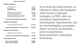 Já no fluxo de caixa indireto, os
cálculos e dados são baseados
sobre lucros e prejuízos
indicados no DRE, além de
considerar depreciações e
amortizações. Basicamente, são
as movimentações que podem
alterar os lucros da empresa,
como investimentos,
financiamentos e operações
financeiras.
 