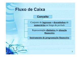 Fluxo de Caixa
             Conceito

       Conjunto de ingressos e desembolsos de
          numerários ao longo do período

        Representação dinâmica da situação
                    financeira

      Instrumento de programação financeira




                                                2
 
