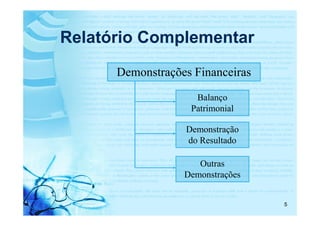 Relatório Complementar
      Demonstrações Financeiras

                    Balanço
                   Patrimonial

                  Demonstração
                  do Resultado

                     Outras
                  Demonstrações


                                  5
 