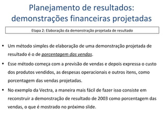 Um método simples de elaboração de uma demonstração projetada de resultado é o de  porcentagem das vendas . Esse método começa com a previsão de vendas e depois expressa o custo dos produtos vendidos, as despesas operacionais e outros itens, como porcentagem das vendas projetadas. No exemplo da Vectra, a maneira mais fácil de fazer isso consiste em reconstruir a demonstração de resultado de 2003 como porcentagem das vendas, o que é mostrado no próximo slide. Planejamento de resultados: demonstrações financeiras projetadas Etapa 2: Elaboração da demonstração projetada de resultado 