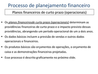 Os  planos financeirosde curto prazo (operacionais)  determinam as providências financeiras de curto prazo e o impacto previsto dessas providências, abrangendo um período operacional de um a dois anos. Os dados básicos incluem a previsão de vendas e outros dados operacionais e financeiros. Os produtos básicos são orçamentos de operações, o orçamento de caixa e as demonstrações financeiras projetadas. Esse processo é descrito graficamente no próximo slide. Planos financeiros de curto prazo (operacionais) Processo de planejamento financeiro 