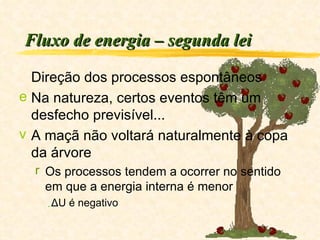 Fluxo de energia – segunda lei  Direção dos processos espontâneos Na natureza, certos eventos têm um desfecho previsível... A maçã não voltará naturalmente à copa da árvore Os processos tendem a ocorrer no sentido em que a energia interna é menor ΔU é negativo 
