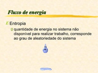 Fluxo de energia Entropia quantidade de energia no sistema não disponível para realizar trabalho, corresponde ao grau de aleatoriedade do sistema  