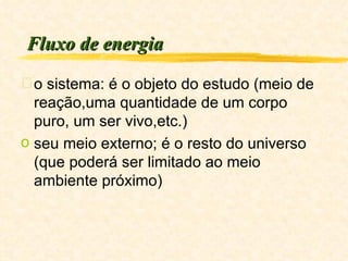 Fluxo de energia o sistema: é o objeto do estudo (meio de reação,uma quantidade de um corpo puro, um ser vivo,etc.) seu meio externo; é o resto do universo (que poderá ser limitado ao meio ambiente próximo) 