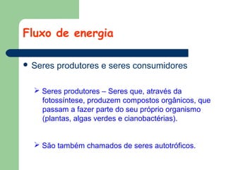 Fluxo de energia
 Seres

produtores e seres consumidores

 Seres produtores – Seres que, através da
fotossíntese, produzem compostos orgânicos, que
passam a fazer parte do seu próprio organismo
(plantas, algas verdes e cianobactérias).
 São também chamados de seres autotróficos.

 