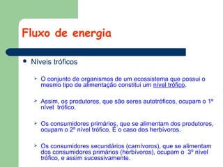 Fluxo de energia


Níveis tróficos


O conjunto de organismos de um ecossistema que possui o
mesmo tipo de alimentação constitui um nível trófico.



Assim, os produtores, que são seres autotróficos, ocupam o 1º
nível trófico.



Os consumidores primários, que se alimentam dos produtores,
ocupam o 2º nível trófico. É o caso dos herbívoros.



Os consumidores secundários (carnívoros), que se alimentam
dos consumidores primários (herbívoros), ocupam o 3º nível
trófico, e assim sucessivamente.

 