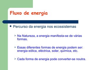 Fluxo de energia
 Percurso

da energia nos ecossistemas



Na Natureza, a energia manifesta-se de várias
formas.



Essas diferentes formas de energia podem ser:
energia eólica, eléctrica, solar, química, etc.



Cada forma de energia pode converter-se noutra.

 
