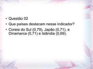 Questão 02 Que países destacam nesse indicador? Coreia do Sul (0,79), Japão (0,71), e Dinamarca (0,71) e Islândia (0,69). 