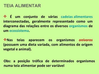 TEIA ALIMENTAR

 É um conjunto de várias cadeias alimentares
interconectadas, geralmente representado como um
diagrama das relações entre os diversos organismos de
um ecossistema.

Nas teias aparecem os organismos onívoros
(possuem uma dieta variada, com alimentos de origem
vegetal e animal).


Obs: a posição trófica de determinados organismos
numa teia alimentar pode ser variável
 