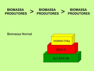 BIOMASSA
PRODUTORES    >     BIOMASSA
                   PRODUTORES   >    BIOMASSA
                                    PRODUTORES




 Biomassa Normal

                          HOMEM=7OKg


                           BOI=1t

                          ALFAFA=8t
 