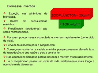 Biomassa Invertida

 Exceção     nas   pirâmides   de
biomassa.                            ZOOPLÂNCTON= 20g/m²
    Ocorre   em     ecossistemas
marinhos.                                  FITOP.=4g/m²
 Fitoplâncton (produtores) são
seres microscópicos.
 Possuem pouca massa acumulada e morrem rapidamente (curto ciclo
de vida).
 Servem de alimento para o zooplâncton.
 Conseguem sustentar a cadeia marinha porque possuem elevada taxa
de reprodução, o que repõe a perda constante.
 Não acumulam biomassa porque nascem e morrem muito rapidamente.
 Já o zooplâncton possui um ciclo de vida relativamente mais longo e
acumula mais biomassa.
 