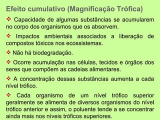 Efeito cumulativo (Magnificação Trófica)
 Capacidade de algumas substâncias se acumularem
no corpo dos organismos que os absorvem.
 Impactos ambientais associados a liberação de
compostos tóxicos nos ecossistemas.
 Não há biodegradação.
 Ocorre acumulação nas células, tecidos e órgãos dos
seres que compõem as cadeias alimentares.
 A concentração dessas substâncias aumenta a cada
nível trófico.
 Cada organismo de um nível trófico superior
geralmente se alimenta de diversos organismos do nível
trófico anterior e assim, o poluente tende a se concentrar
ainda mais nos níveis tróficos superiores.
 