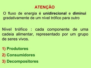 ATENÇÃO
O fluxo de energia é unidirecional e diminui
gradativamente de um nível trófico para outro


Nível trófico : cada componente de uma
cadeia alimentar, representado por um grupo
de seres vivos.

1) Produtores
2) Consumidores
3) Decompositores
 