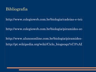 Ciclos Biogeoquímicos Um ciclo biogeoquímico é o percurso realizado na natureza por um elemento necessário para a vida, como a água. Durante esse percurso esse elemento é absorvido e reciclado por diversos componentes bióticos e abióticos, podendo acumular no mesmo lugar por um grande período de tempo. É por meio destes ciclos que os compostos químicos são transferidos entre os organismos do planeta. 