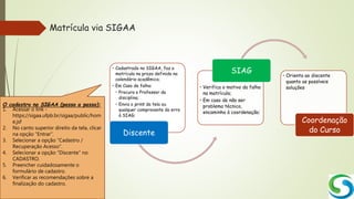 Matrícula via SIGAA
• Cadastrado no SIGAA, faz a
matrícula no prazo definido no
calendário acadêmico;
• Em Caso de falha:
• Procura o Professor da
disciplina;
• Envia o print da tela ou
qualquer comprovante do erro
à SIAG;
Discente
• Verifica o motivo da falha
na matrícula;
• Em caso de não ser
problema técnico,
encaminha à coordenação;
SIAG
• Orienta ao discente
quanto as possíveis
soluções
Coordenação
do Curso
O cadastro no SIGAA (passo a passo):
1. Acessar o link -
https://sigaa.ufpb.br/sigaa/public/hom
e.jsf
2. No canto superior direito da tela, clicar
na opção “Entrar”.
3. Selecionar a opção “Cadastro /
Recuperação Acesso”.
4. Selecionar a opção “Discente” no
CADASTRO.
5. Preencher cuidadosamente o
formulário de cadastro.
6. Verificar as recomendações sobre a
finalização do cadastro.
 