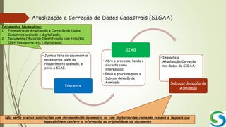 Atualização e Correção de Dados Cadastrais (SIGAA)
• Junta a lista de documentos
necessários, além do
requerimento assinado, e
envia à SIAG.
Discente
• Abre o processo, tendo o
discente como
interessado;
• Envia o processo para a
Subcoordenação de
Admissão
SIAG
• Implanta a
Atualização/Correção
nos dados do SIGAA;
Subcoordenação de
Admissão
Não serão aceitas solicitações com documentação incompleta ou com digitalizações contendo rasuras e ilegíveis que
impossibilitem conferir a informação ou originalidade do documento
Documentos Necessários:
1. Formulário de Atualização e Correção de Dados
Cadastrais assinado e digitalizado;
2. Documento Oficial de Identificação com foto (RG,
CNH, Passaporte, etc.) digitalizado;
 