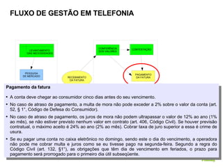 FLUXO DE GESTÃO EM TELEFONIA Pagamento da fatura A conta deve chegar ao consumidor cinco dias antes do seu vencimento. No caso de atraso de pagamento, a multa de mora não pode exceder a 2% sobre o valor da conta (art. 52, § 1°, Código de Defesa do Consumidor). No caso de atraso de pagamento, os juros de mora não podem ultrapassar o valor de 12% ao ano (1% ao mês), se não estiver previsto nenhum valor em contrato (art. 406, Código Civil). Se houver previsão contratual, o máximo aceito é 24% ao ano (2% ao mês). Cobrar taxa de juro superior a essa é crime de usura. Se eu pagar uma conta no caixa eletrônico no domingo, sendo este o dia do vencimento, a operadora não pode me cobrar multa e juros como se eu tivesse pago na segunda-feira. Segundo a regra do Código Civil (art. 132, §1°), as obrigações que têm dia de vencimento em feriados, o prazo para pagamento será prorrogado para o primeiro dia útil subseqüente. CONTRATO DOS SERVIÇOS RECEBIMENTO DA FATURA UTILIZAÇÃO DOS SERVIÇOS CONFERÊNCIA DOS VALORES CONTESTAÇÃO PAGAMENTO DA FATURA GERENCIAMENTO DOS SERVIÇOS ACOMPANHAMENTO PESQUISA DE MERCADO LEVANTAMENTO  DAS NECESSIDADES 