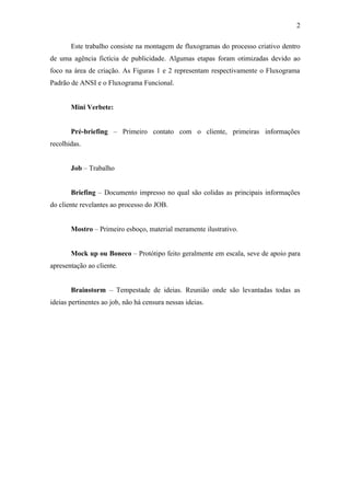 2

       Este trabalho consiste na montagem de fluxogramas do processo criativo dentro
de uma agência fictícia de publicidade. Algumas etapas foram otimizadas devido ao
foco na área de criação. As Figuras 1 e 2 representam respectivamente o Fluxograma
Padrão de ANSI e o Fluxograma Funcional.


       Mini Verbete:


       Pré-briefing – Primeiro contato com o cliente, primeiras informações
recolhidas.


       Job – Trabalho


       Briefing – Documento impresso no qual são colidas as principais informações
do cliente revelantes ao processo do JOB.


       Mostro – Primeiro esboço, material meramente ilustrativo.


       Mock up ou Boneco – Protótipo feito geralmente em escala, seve de apoio para
apresentação ao cliente.


       Brainstorm – Tempestade de ideias. Reunião onde são levantadas todas as
ideias pertinentes ao job, não há censura nessas ideias.
 