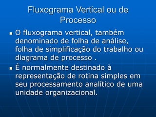 Fluxograma Vertical ou de
Processo
 O fluxograma vertical, também
denominado de folha de análise,
folha de simplificação do trabalho ou
diagrama de processo .
 É normalmente destinado à
representação de rotina simples em
seu processamento analítico de uma
unidade organizacional.
 