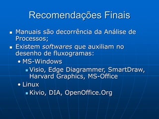 Recomendações Finais
 Manuais são decorrência da Análise de
Processos;
 Existem softwares que auxiliam no
desenho de fluxogramas:
• MS-Windows
 Visio, Edge Diagrammer, SmartDraw,
Harvard Graphics, MS-Office
• Linux
 Kivio, DIA, OpenOffice.Org
 