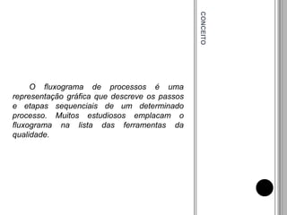 CONCEITO
O fluxograma de processos é uma
representação gráfica que descreve os passos
e etapas sequenciais de um determinado
processo. Muitos estudiosos emplacam o
fluxograma na lista das ferramentas da
qualidade.
 