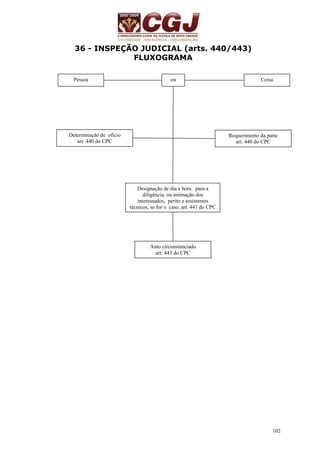102 
36 - INSPEÇÃO JUDICIAL (arts. 440/443) 
FLUXOGRAMA 
Pessoa ou Coisa 
Determinação de ofício 
art. 440 do CPC 
Requerimento da parte 
art. 440 do CPC 
Designação de dia e hora para a 
diligência, ou intimação dos 
interessados, perito e assistentes 
técnicos, se for o caso, art. 441 do CPC 
Auto circunstanciado 
art. 443 do CPC 
 