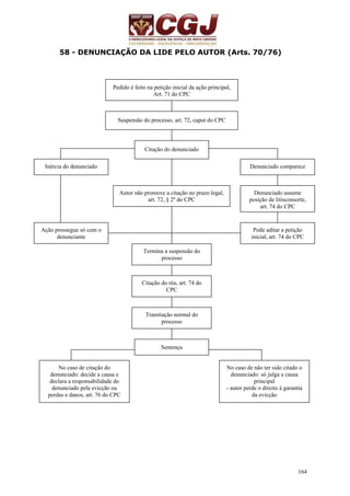 Inércia do denunciado Denunciado comparece 
164 
58 - DENUNCIAÇÃO DA LIDE PELO AUTOR (Arts. 70/76) 
Pedido é feito na petição inicial da ação principal, 
Art. 71 do CPC 
Suspensão do processo, art. 72, caput do CPC 
Citação do denunciado 
Autor não promove a citação no prazo legal, 
art. 72, § 2º do CPC 
Termina a suspensão do 
processo 
Citação do réu, art. 74 do 
CPC 
Tramitação normal do 
processo 
Sentença 
Denunciado assume 
posição de litisconsorte, 
art. 74 do CPC 
Pode aditar a petição 
inicial, art. 74 do CPC 
Ação prossegue só com o 
denunciante 
No caso de não ter sido citado o 
denunciado: só julga a causa 
principal 
- autor perde o direito à garantia 
da evicção 
No caso de citação do 
denunciado: decide a causa e 
declara a responsabilidade do 
denunciado pela evicção ou 
perdas e danos, art. 76 do CPC 
 