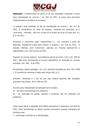 Apelação - O falecimento da parte ou de seu advogado, suspende o prazo 
para interposição do recurso ( art. 507 do CPC). O prazo será devolvido 
integralmente ao herdeiro ou sucessor. 
O preparo será recolhido no ato de interposição do recurso ( art. 511 do 
CPC). A insuficiência no valor do preparo, implicará em deserção, se o 
recorrente, intimado, não vier a supri-lo no prazo de cinco (5) dias (art. 51, 
§ 2º do CPC). 
Provando o recorrente justo impedimento, o juiz relevará a pena de 
deserção, fixando-lhe prazo para efetuar o preparo ( art. 519 do CPC). A 
decisão referida, será irrecorrível, cabendo ao Tribunal apreciar-lhe a 
legitimidade ( art. 519 § único do CPC). 
Suposto do recurso adesivo: sucumbência parcial do autor e réu ( art. 500 do 
CPC). Não será reconhecido se houver desistência ou deserção do recurso 
principal ( art. 500 , II do CPC). 
Da sentença caberá apelação ( art. 513, fazendo remissão aos arts. 267 e 269 
) O conceito de sentença é dado pelo artigo 162, § 1º. 
Conceito: Sentença é o ato do juiz que implica algumas das situações 
previstas nos artigos 267 e 269 do CPC. 
O prazo para interposição da apelação será contado: 
a) - da leitura da sentença em audiência; 
b) - da intimação às partes, quando a sentença não for proferida em 
audiência. 
Como regra geral, a apelação terá efeitos devolutivo e suspensivo (art.520 do 
CPC). Será reconhecida no efeito somente devolutivo quando interposta de 
sentença que: 
I – homologar a divisão ou a demarcação; 
194 
 