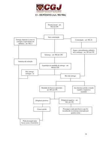 38 
13 - DEPÓSITO (Art. 901/906) 
Réu entrega: 
extingue - se 
Petição inicial – art. 
902 do CPC 
Mandado de busca e apreensão – 
art. 905 do CPC 
Réu não entrega 
Sem contestação 
Entrega, deposita a coisa ou 
consigna o equivalente em 
dinheiro – art. 902, I 
Sentença – art. 904 do CPC 
Contestação – art. 902, II 
Segue o procedimento ordinário 
até a sentença – art. 903 do CPC 
Sentença de extinção 
Expedição de mandado de entrega – art. 
904 do CPC 
Juiz decreta a prisão e manda 
expedir o respectivo 
mandado 
Diligência positiva Diligência negativa – art. 
906 do CPC 
Cessa a prisão Prossegue a ação para haver o que foi 
reconhecido na sentença (execução por 
quantia certa) 
Pode prosseguir para 
haver custas e honorários 
 