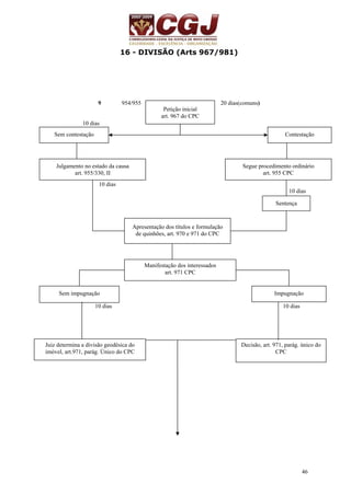 46 
16 - DIVISÃO (Arts 967/981) 
9 954/955 20 dias(comuns) 
10 dias 
10 dias 
10 dias 
Petição inicial 
art. 967 do CPC 
10 dias 
Apresentação dos títulos e formulação 
de quinhões, art. 970 e 971 do CPC 
10 dias 10 dias 
Sem contestação 
Julgamento no estado da causa 
art. 955/330, II 
Contestação 
Segue procedimento ordinário 
art. 955 CPC 
Sentença 
Manifestação dos interessados 
art. 971 CPC 
Sem impugnação Impugnação 
Juiz determina a divisão geodésica do 
imóvel, art.971, parág. Único do CPC 
Decisão, art. 971, parág. único do 
CPC 
 