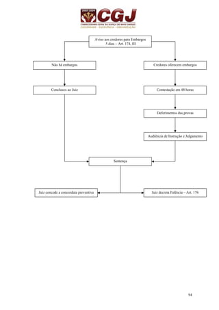 94 
Aviso aos credores para Embargos 
5 dias – Art. 174, III 
Não há embargos 
Conclusos ao Juiz 
Credores oferecem embargos 
Contestação em 48 horas 
Deferimentos das provas 
Audiência de Instrução e Julgamento 
Sentença 
Juiz concede a concordata preventiva Juiz decreta Falência – Art. 176 
 