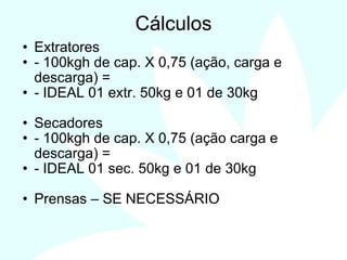 13
Cálculos
• Extratores
• - 100kgh de cap. X 0,75 (ação, carga e
descarga) =
• - IDEAL 01 extr. 50kg e 01 de 30kg
• Secadores
• - 100kgh de cap. X 0,75 (ação carga e
descarga) =
• - IDEAL 01 sec. 50kg e 01 de 30kg
• Prensas – SE NECESSÁRIO
 