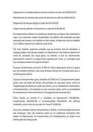 Pagamento à montadora pela compra de veículos no valor de $ 600.000,00
Recebimento de clientes pela venda de veículos no valor de $ 560.000,00
Pagamento do aluguel da loja no valor de $ 40.000,00
Pagamento de salários a funcionários no valor de $ 50.000,00
Os lançamentos a débito e a crédito que acabamos de efetuar são mostrados a
seguir nos razonetes (razão simplificados). Os débitos são mostrados do lado
esquerdo das contas e os créditos no lado direito. A diferença entre os débitos
e os créditos representa o saldo de cada conta.
Por esse relatório, podemos perceber que no primeiro mês de atividades a
empresa pagou mais do que recebeu no Operacional. Isso costuma ocorrer em
início de atividade. Em regra geral, no entanto, é que os recebimentos
operacionais superem os pagamentos operacionais. Essa é a condição para
que a empresa sobreviva e ganhe dinheiro.
O grupo Investimentos consumiu $ 300 mil. Como regra geral, esse é o grupo
que só consome dinheiro, mas esse dinheiro precisa ser investido para que a
empresa possa operar.
O grupo Financiamentos gerou entradas de $ 500 mil. O comportamento deste
grupo varia ao longo do tempo. Há períodos em que gera caixa, como na
integralização de capital por parte dos sócios, ou na obtenção de empréstimos
e financiamentos, e há períodos em que consome caixa, como na amortização
de empréstimos e financiamentos ou nos pagamentos de dividendos.
Caixa líquido do período é o somatório de Operacional (130.000,00),
Investimentos (300.000,00) e Financiamentos 500.000,00. No período
analisado, entrou mais do que saiu do Caixa $ 70.000,00.
Uma das vantagens desse demonstrativo é facilitar a administração financeira
das empresas. Com ele podemos saber se os problemas financeiros têm
origem no Operacional, no Investimentos, no Financiamentos, ou ainda numa
combinação dos três grupos.
 