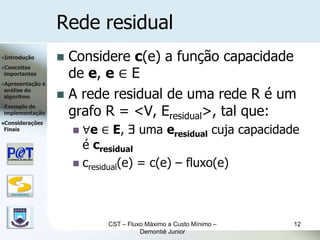 Rede residual
Introdução             Considere c(e) a função capacidade
                         de e, e ∈ E
Conceitos
importantes
Apresentação      e

                        A rede residual de uma rede R é um
análise do
algoritmo


                         grafo R = <V, Eresidual>, tal que:
Exemplode
implementação
Considerações
Finais                      ∀e ∈ E, Ǝ uma eresidual cuja capacidade
                             é cresidual
                            cresidual(e) = c(e) – fluxo(e)


   DSC/CEEI/UFCG




                                 CST – Fluxo Máximo a Custo Mínimo –   12
                                           Demontiê Junior
 