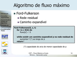 Algoritmo de fluxo máximo
Introdução               Ford-Fulkerson
Conceitos
importantes
                            Rede residual
Apresentação      e

                            Caminho expandível
análise do
algoritmo
Exemplode
implementação
                       Ford-Fulkerson(G, s, t)
Considerações
Finais                    for ∀e ∈ E[G] do
                              fluxo[e] ← 0

                           while exisitr um caminho expandível p na rede residual do
                              aumentar f (*) ao longo de p
                           return f

   DSC/CEEI/UFCG
                                 (*) capacidade do arco de menor capacidade de p


                                       CST – Fluxo Máximo a Custo                  14
                                        Mínimo – Demontiê Junior
 