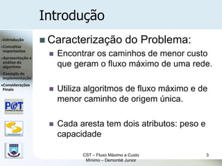 Introdução
Introdução
                        Caracterização              do Problema:
Conceitos
importantes
Apresentação      e
                           Encontrar os caminhos de menor custo
análise do
algoritmo                   que geram o fluxo máximo de uma rede.
Exemplode
implementação
Considerações
Finais                     Utiliza algoritmos de fluxo máximo e de
                            menor caminho de origem única.

                           Cada aresta tem dois atributos: peso e
   DSC/CEEI/UFCG
                            capacidade

                                  CST – Fluxo Máximo a Custo         3
                                   Mínimo – Demontiê Junior
 