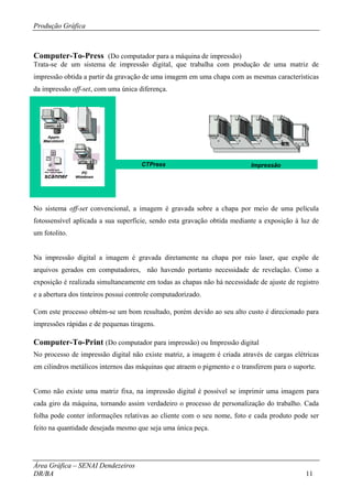 Produção Gráfica



Computer-To-Press (Do computador para a máquina de impressão)
Trata-se de um sistema de impressão digital, que trabalha com produção de uma matriz de
impressão obtida a partir da gravação de uma imagem em uma chapa com as mesmas características
da impressão off-set, com uma única diferença.




                                     CTPress                              Impressão
   scanner




No sistema off-set convencional, a imagem é gravada sobre a chapa por meio de uma película
fotossensível aplicada a sua superfície, sendo esta gravação obtida mediante a exposição à luz de
um fotolito.


Na impressão digital a imagem é gravada diretamente na chapa por raio laser, que expõe de
arquivos gerados em computadores, não havendo portanto necessidade de revelação. Como a
exposição é realizada simultaneamente em todas as chapas não há necessidade de ajuste de registro
e a abertura dos tinteiros possui controle computadorizado.

Com este processo obtém-se um bom resultado, porém devido ao seu alto custo é direcionado para
impressões rápidas e de pequenas tiragens.

Computer-To-Print (Do computador para impressão) ou Impressão digital
No processo de impressão digital não existe matriz, a imagem é criada através de cargas elétricas
em cilindros metálicos internos das máquinas que atraem o pigmento e o transferem para o suporte.


Como não existe uma matriz fixa, na impressão digital é possível se imprimir uma imagem para
cada giro da máquina, tornando assim verdadeiro o processo de personalização do trabalho. Cada
folha pode conter informações relativas ao cliente com o seu nome, foto e cada produto pode ser
feito na quantidade desejada mesmo que seja uma única peça.




Área Gráfica – SENAI Dendezeiros
DR/BA                                                                                        11
 