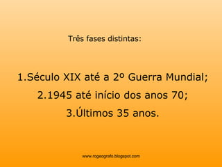 Três fases distintas: Século XIX até a 2º Guerra Mundial; 1945 até início dos anos 70; Últimos 35 anos. www.rogeografo.blogspot.com 