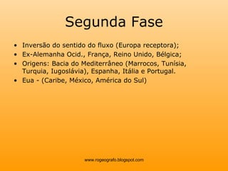 Segunda Fase Inversão do sentido do fluxo (Europa receptora); Ex-Alemanha Ocid., França, Reino Unido, Bélgica; Origens: Bacia do Mediterrâneo (Marrocos, Tunísia, Turquia, Iugoslávia), Espanha, Itália e Portugal. Eua - (Caribe, México, América do Sul) www.rogeografo.blogspot.com 