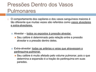 Pressões Dentro dos Vasos PulmonaresA pressão a qualoscapilarespulmonaressãoexpostos é bempróxima a pressão alveolar. A pressão efetiva em torno dos capilares é reduzida pela tensão superficial do líquido que reveste os alvéolos (surfactante). Quandoospulmãossãoexpandidos a partir de um volume inicialmuitobaixo, essapressãocaimuitoscentimetrosabaixodapressão alveolar  emdecorrência dos efeitos de tensão de superfície. Durante a desinsuflação de um pulmãoquecontinha um alto volume, a pressãopericapilar é muitopróximadapressão alveolar.As artérias e veias aumentam o seu calibre conforme o pulmão se expande.