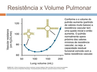 Resistência VascularOutro determinante importante da resistência vascular pulmonar é o volume do pulmão. A resistência vascular é:Baixa em grandes volumes pulmonaresAlta quando o volume pulmonar é baixo .