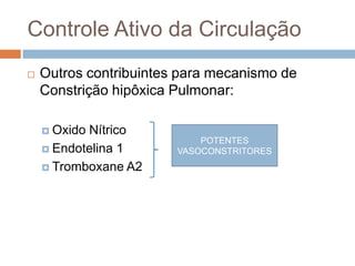 Controle Ativo da CirculaçãoO mecanismodavasoconstriçãopulmonarhipôxicapermaneceobscuro. Estudosrecentessugeremque a inibição de canais de voltagem de potássio e despolarização de membranapossamestarenvolvidos, levando a um aumentodaconcentração de íonscálcio no citoplasma. O aumento do cálciofuncionacomogatilhopara a contraçãodamusculaturalisa. 