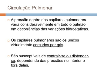 Circulação PulmonarA pressão dentro dos capilares pulmonares varia consideravelmente em todo o pulmão em decorrências das variações hidrostáticas.Os capilares pulmonares são os únicos virtualmente cercados por gás.São susceptíveis de contrair-se ou distender-se, dependendo das pressões no interior e fora deles.