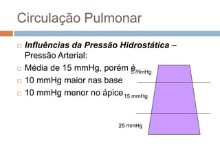 Circulação PulmonarInfluências da Pressão Hidrostática – Pressão Arterial:Média de 15 mmHg, porém é..10 mmHg maior nas base10 mmHg menor no ápice5 mmHg15 mmHg25 mmHg