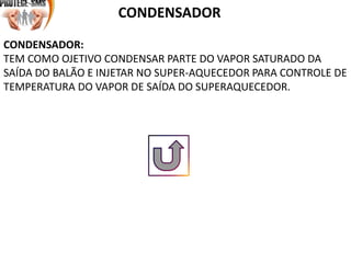 CONDENSADOR
CONDENSADOR:
TEM COMO OJETIVO CONDENSAR PARTE DO VAPOR SATURADO DA
SAÍDA DO BALÃO E INJETAR NO SUPER-AQUECEDOR PARA CONTROLE DE
TEMPERATURA DO VAPOR DE SAÍDA DO SUPERAQUECEDOR.
 